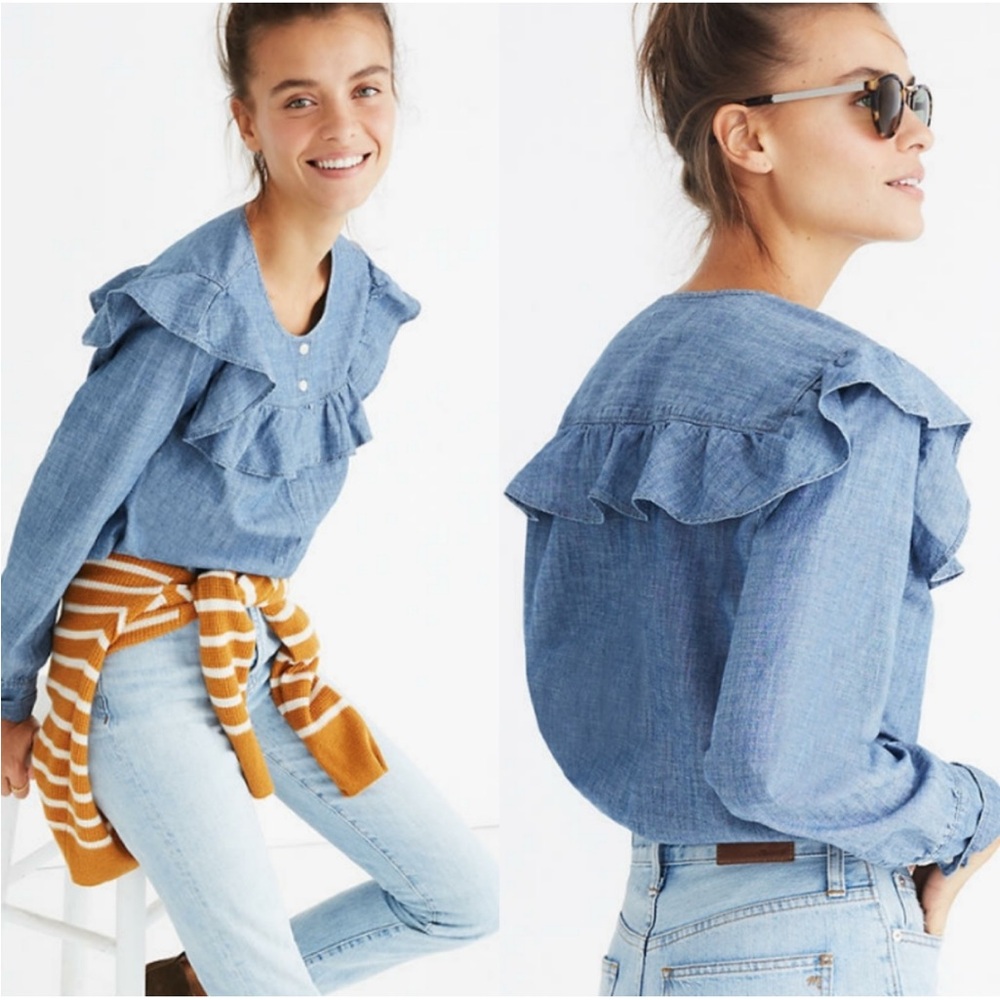 Madewell Chambray Blue Ruffle Yolk Top